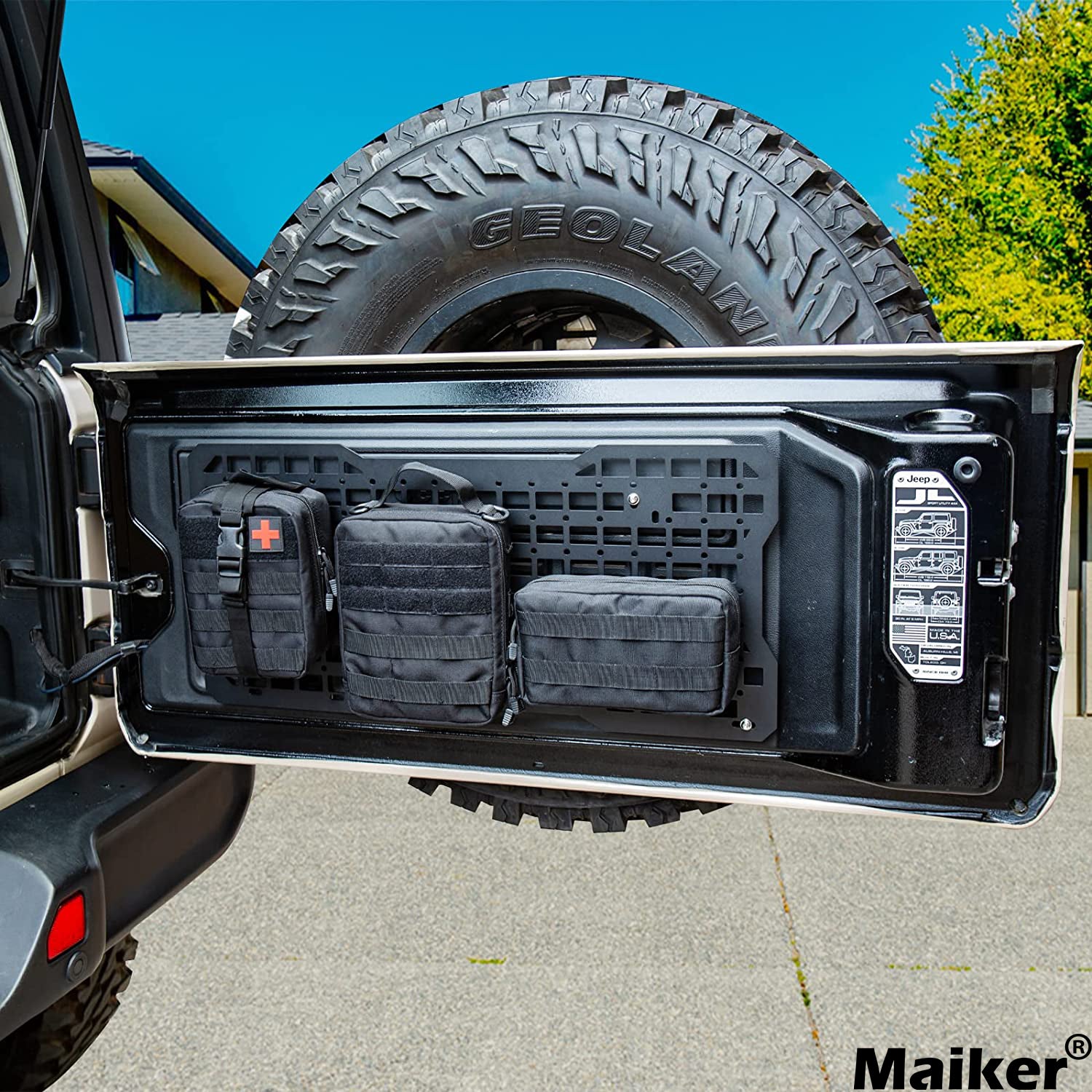 Maiker tailgate tactical panel with MOLLE pouch for Jeep Wrangler JK JL accessories