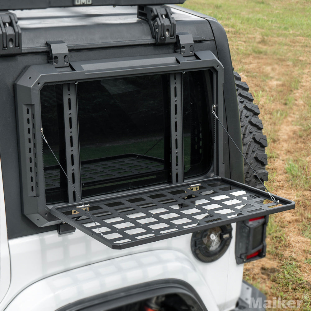 Rear window openable storage panel for OMU modular utility build