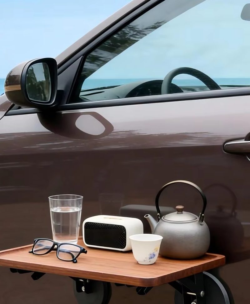 Foldable Magnetic Car Table Board & Storage Rack, Solid Wood Tray for Camping Road Trip