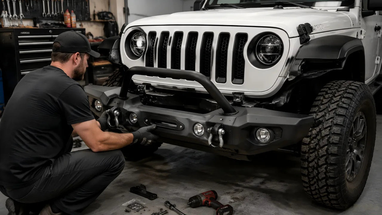 installing a bolt-on front bumper on jeep wrangler jl in home garage