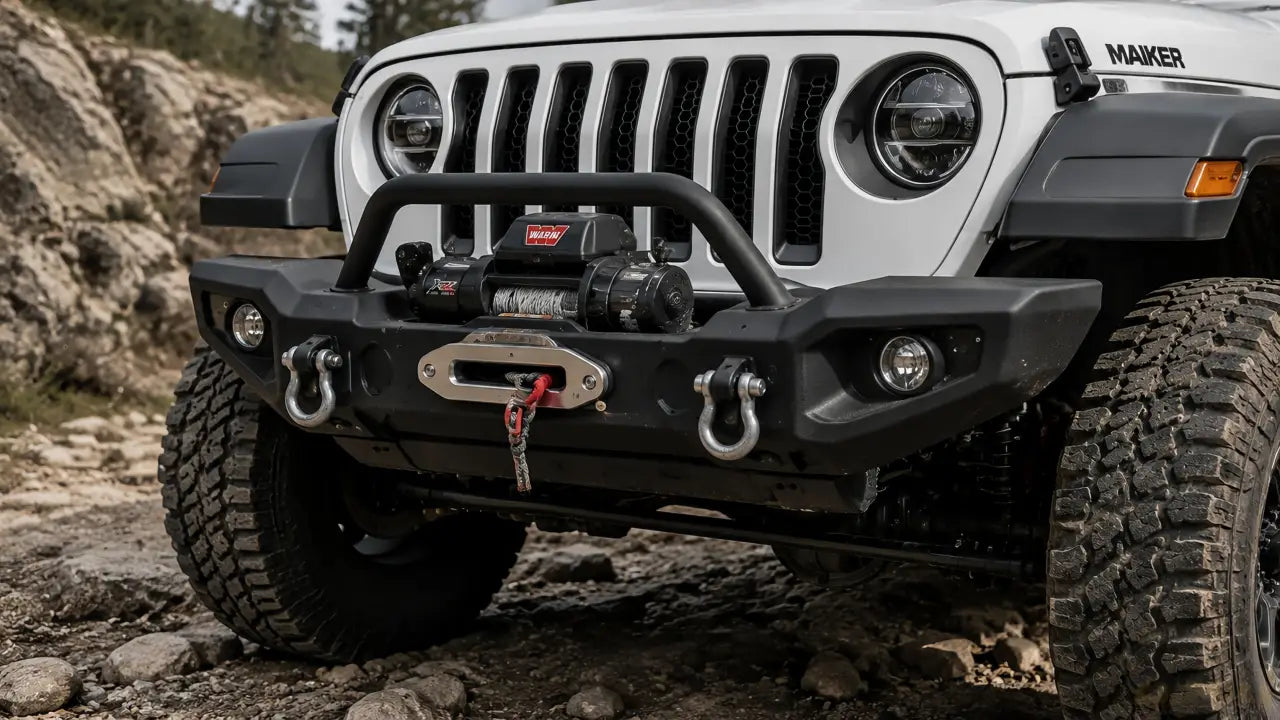 winch mounted on jeep jl front bumper with d-ring shackles